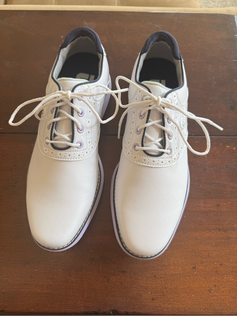 Women’s FootJoy Traditions White Lace-Up Golf Shoes with Subtle Purple Trim